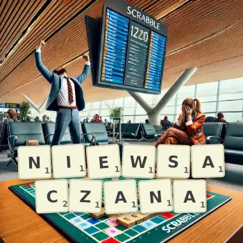 Kreatywna ilustracja do gry w Scrabble ze słowem NIEWSACZANA ułożonym z płytek na planszy.