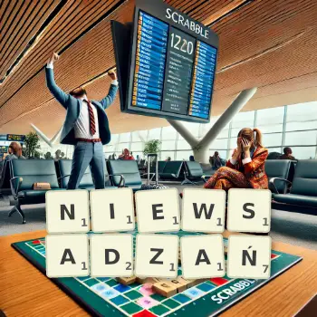 Kreatywna ilustracja do gry w Scrabble ze słowem NIEWSADZAŃ ułożonym z płytek na planszy.