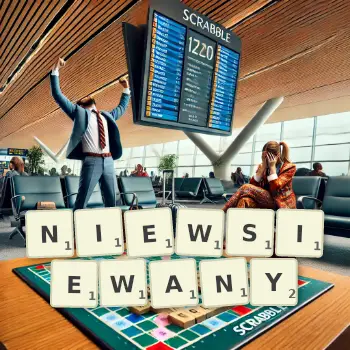 Kreatywna ilustracja do gry w Scrabble ze słowem NIEWSIEWANY ułożonym z płytek na planszy.