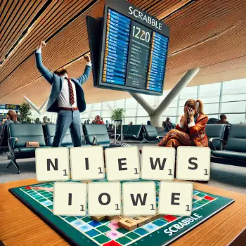 Kreatywna ilustracja do gry w Scrabble ze słowem NIEWSIOWE ułożonym z płytek na planszy.