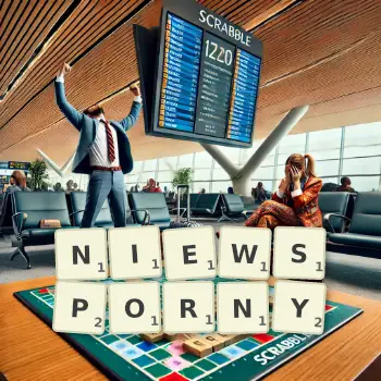 Kreatywna ilustracja do gry w Scrabble ze słowem NIEWSPORNY ułożonym z płytek na planszy.