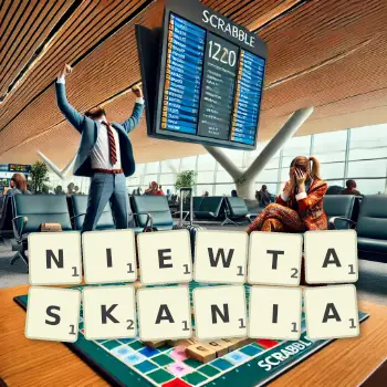 Kreatywna ilustracja do gry w Scrabble ze słowem NIEWTASKANIA ułożonym z płytek na planszy.