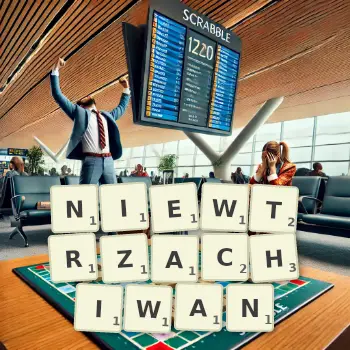Kreatywna ilustracja do gry w Scrabble ze słowem NIEWTRZACHIWAN ułożonym z płytek na planszy.