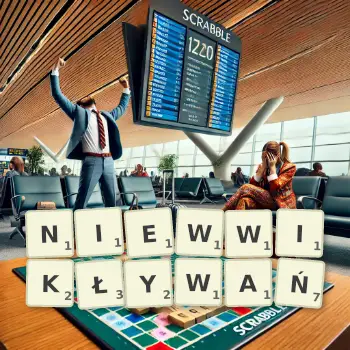 Kreatywna ilustracja do gry w Scrabble ze słowem NIEWWIKŁYWAŃ ułożonym z płytek na planszy.
