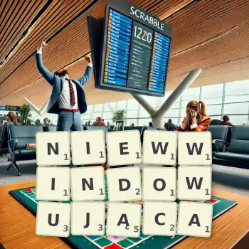 Kreatywna ilustracja do gry w Scrabble ze słowem NIEWWINDOWUJĄCA ułożonym z płytek na planszy.