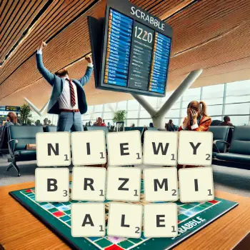 Kreatywna ilustracja do gry w Scrabble ze słowem NIEWYBRZMIALE ułożonym z płytek na planszy.