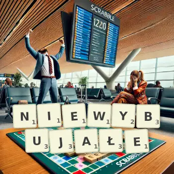 Kreatywna ilustracja do gry w Scrabble ze słowem NIEWYBUJAŁE ułożonym z płytek na planszy.