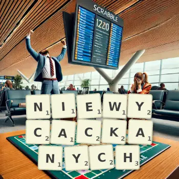 Kreatywna ilustracja do gry w Scrabble ze słowem NIEWYCACKANYCH ułożonym z płytek na planszy.