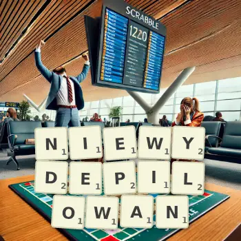 Kreatywna ilustracja do gry w Scrabble ze słowem NIEWYDEPILOWAN ułożonym z płytek na planszy.