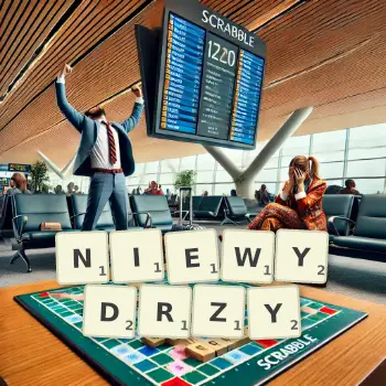 Kreatywna ilustracja do gry w Scrabble ze słowem NIEWYDRZY ułożonym z płytek na planszy.