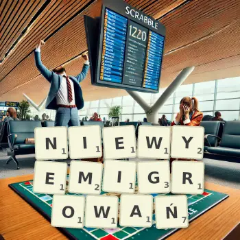 Kreatywna ilustracja do gry w Scrabble ze słowem NIEWYEMIGROWAŃ ułożonym z płytek na planszy.