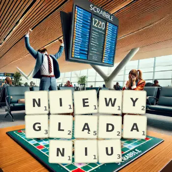 Kreatywna ilustracja do gry w Scrabble ze słowem NIEWYGLĄDANIU ułożonym z płytek na planszy.