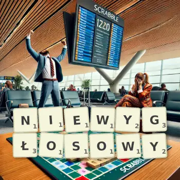 Kreatywna ilustracja do gry w Scrabble ze słowem NIEWYGŁOSOWY ułożonym z płytek na planszy.