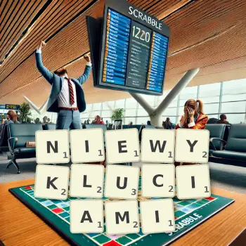 Kreatywna ilustracja do gry w Scrabble ze słowem NIEWYKLUCIAMI ułożonym z płytek na planszy.