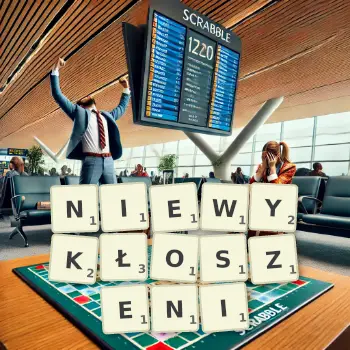 Kreatywna ilustracja do gry w Scrabble ze słowem NIEWYKŁOSZENI ułożonym z płytek na planszy.