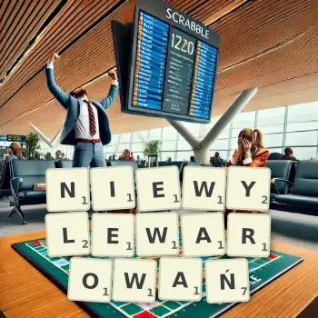 Kreatywna ilustracja do gry w Scrabble ze słowem NIEWYLEWAROWAŃ ułożonym z płytek na planszy.