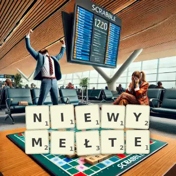 Kreatywna ilustracja do gry w Scrabble ze słowem NIEWYMEŁTE ułożonym z płytek na planszy.