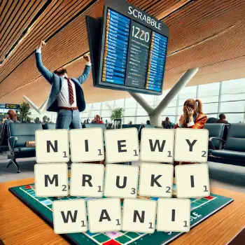 Kreatywna ilustracja do gry w Scrabble ze słowem NIEWYMRUKIWANI ułożonym z płytek na planszy.