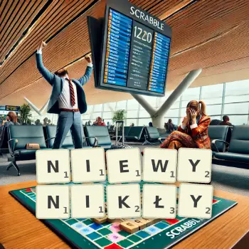 Kreatywna ilustracja do gry w Scrabble ze słowem NIEWYNIKŁY ułożonym z płytek na planszy.
