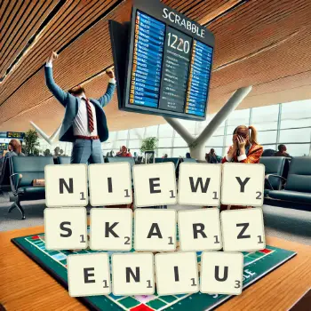 Kreatywna ilustracja do gry w Scrabble ze słowem NIEWYSKARZENIU ułożonym z płytek na planszy.