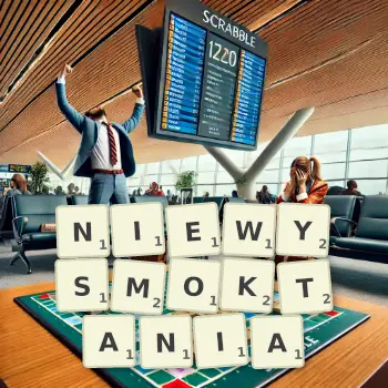 Kreatywna ilustracja do gry w Scrabble ze słowem NIEWYSMOKTANIA ułożonym z płytek na planszy.