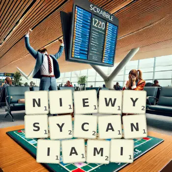 Kreatywna ilustracja do gry w Scrabble ze słowem NIEWYSYCANIAMI ułożonym z płytek na planszy.