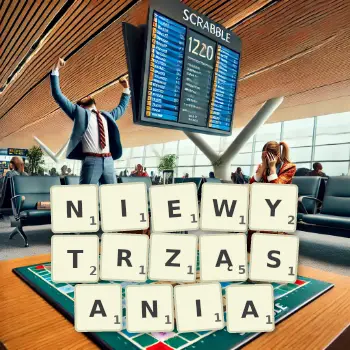 Kreatywna ilustracja do gry w Scrabble ze słowem NIEWYTRZĄSANIA ułożonym z płytek na planszy.