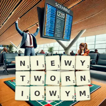 Kreatywna ilustracja do gry w Scrabble ze słowem NIEWYTWORNIOWYM ułożonym z płytek na planszy.