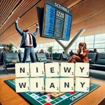 Kreatywna ilustracja do gry w Scrabble ze słowem NIEWYWIANY ułożonym z płytek na planszy.