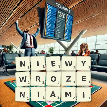 Kreatywna ilustracja do gry w Scrabble ze słowem NIEWYWROZENIAMI ułożonym z płytek na planszy.