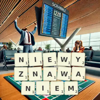 Kreatywna ilustracja do gry w Scrabble ze słowem NIEWYZNAWANIEM ułożonym z płytek na planszy.
