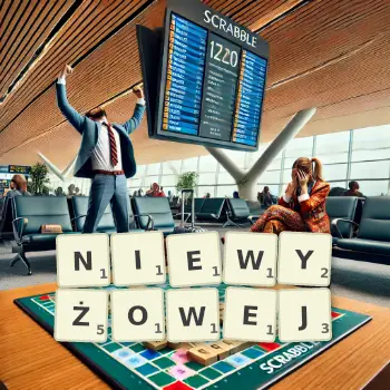 Kreatywna ilustracja do gry w Scrabble ze słowem NIEWYŻOWEJ ułożonym z płytek na planszy.