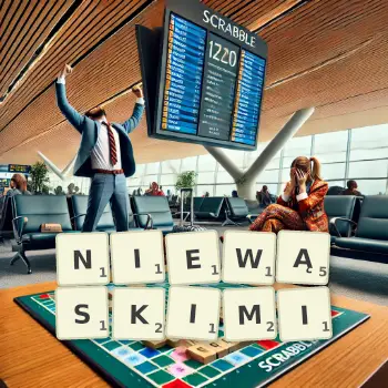 Kreatywna ilustracja do gry w Scrabble ze słowem NIEWĄSKIMI ułożonym z płytek na planszy.