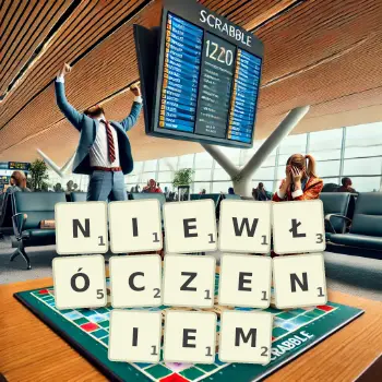 Kreatywna ilustracja do gry w Scrabble ze słowem NIEWŁÓCZENIEM ułożonym z płytek na planszy.