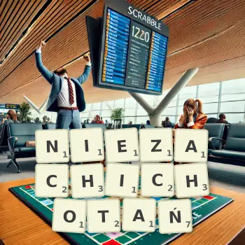 Kreatywna ilustracja do gry w Scrabble ze słowem NIEZACHICHOTAŃ ułożonym z płytek na planszy.