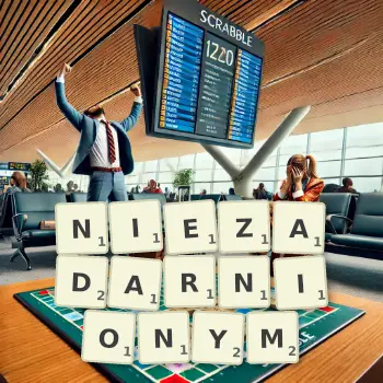 Kreatywna ilustracja do gry w Scrabble ze słowem NIEZADARNIONYM ułożonym z płytek na planszy.