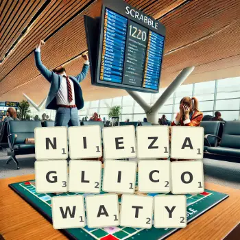 Kreatywna ilustracja do gry w Scrabble ze słowem NIEZAGLICOWATY ułożonym z płytek na planszy.