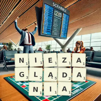 Kreatywna ilustracja do gry w Scrabble ze słowem NIEZAGLĄDANIA ułożonym z płytek na planszy.