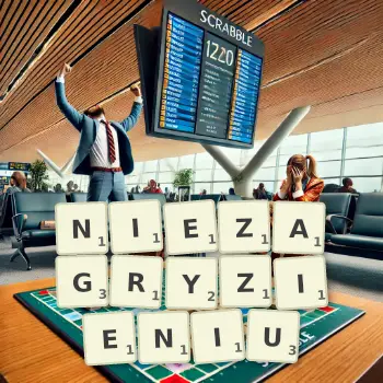 Kreatywna ilustracja do gry w Scrabble ze słowem NIEZAGRYZIENIU ułożonym z płytek na planszy.