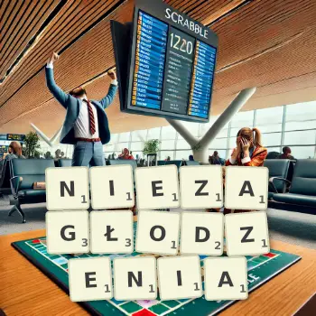 Kreatywna ilustracja do gry w Scrabble ze słowem NIEZAGŁODZENIA ułożonym z płytek na planszy.