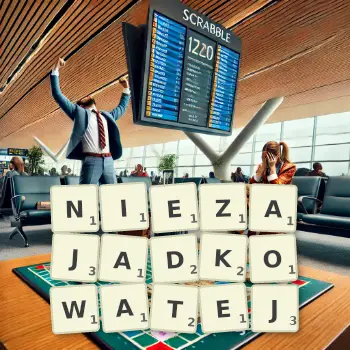 Kreatywna ilustracja do gry w Scrabble ze słowem NIEZAJADKOWATEJ ułożonym z płytek na planszy.