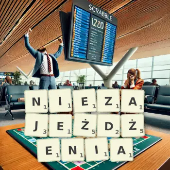 Kreatywna ilustracja do gry w Scrabble ze słowem NIEZAJEŻDŻENIA ułożonym z płytek na planszy.