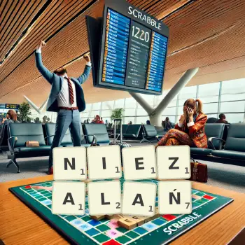 Kreatywna ilustracja do gry w Scrabble ze słowem NIEZALAŃ ułożonym z płytek na planszy.