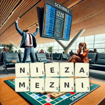 Kreatywna ilustracja do gry w Scrabble ze słowem NIEZAMEZNI ułożonym z płytek na planszy.