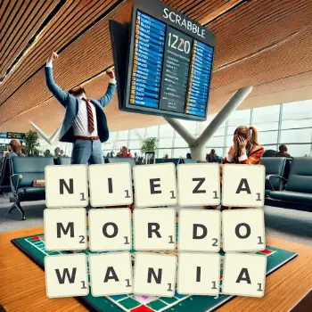 Kreatywna ilustracja do gry w Scrabble ze słowem NIEZAMORDOWANIA ułożonym z płytek na planszy.