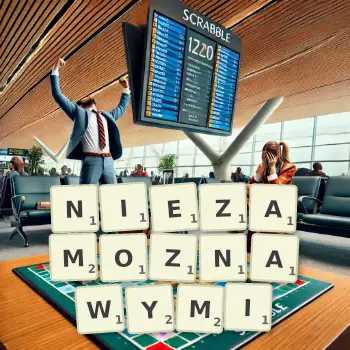 Kreatywna ilustracja do gry w Scrabble ze słowem NIEZAMOZNAWYMI ułożonym z płytek na planszy.