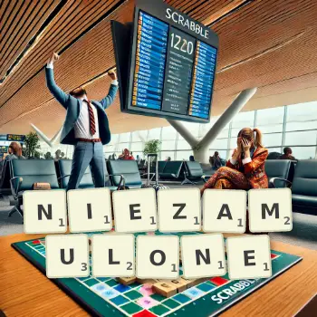 Kreatywna ilustracja do gry w Scrabble ze słowem NIEZAMULONE ułożonym z płytek na planszy.