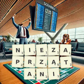 Kreatywna ilustracja do gry w Scrabble ze słowem NIEZAPRZĄTANI ułożonym z płytek na planszy.