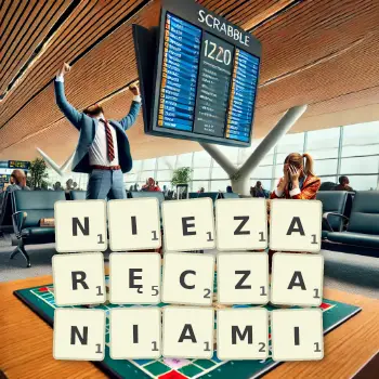 Kreatywna ilustracja do gry w Scrabble ze słowem NIEZARĘCZANIAMI ułożonym z płytek na planszy.