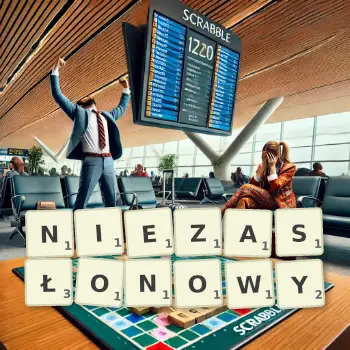 Kreatywna ilustracja do gry w Scrabble ze słowem NIEZASŁONOWY ułożonym z płytek na planszy.